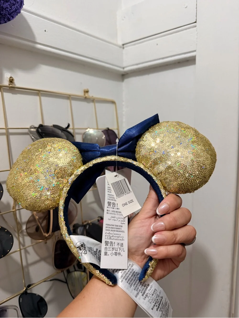 Disney Gold Sequin Minnie Ears Headband with Navy Bow